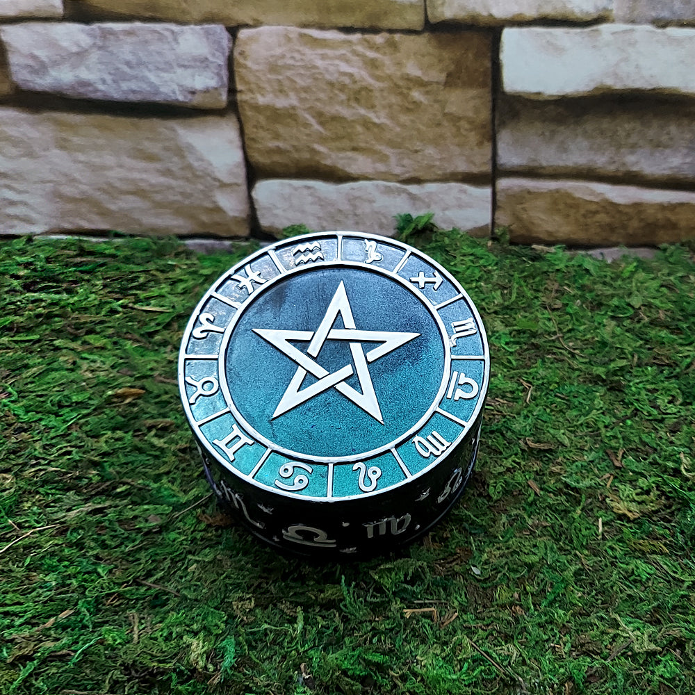 Decorative pentacle keepsake box for holding small valuables, charms, and mystical collectibles.