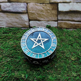Decorative pentacle keepsake box for holding small valuables, charms, and mystical collectibles.