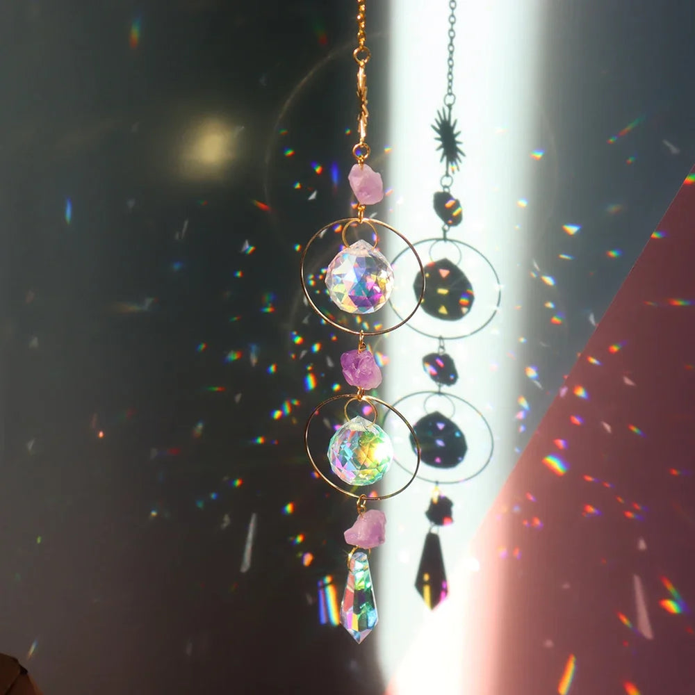 Decorative rainbow suncatcher prism with octagon bead chain for sunlight reflection, rainbow making, and window hanging decor.