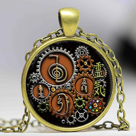 Decorative steampunk Reiki glass necklace pendant for holistic fashion styling, energy-inspired accessorizing, and gift-ready wear.