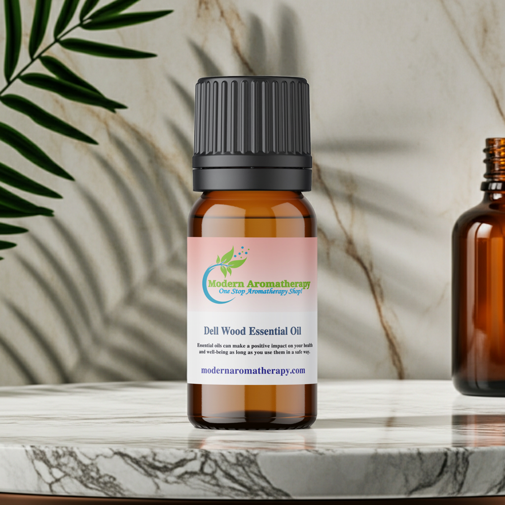 Dell Wood Essential Oil bottle with woodsy aroma for aromatherapy practice, diffuser sessions, and calming spaces.