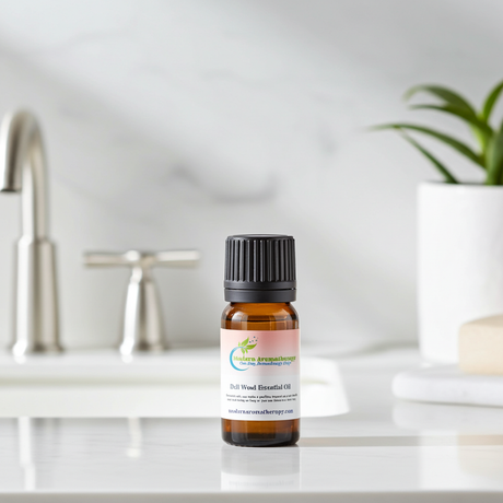 Dell Wood Essential Oil glass bottle for diffuser use, relaxing aromatic blends, and room scenting.