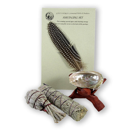 Desert and White Sage smudging set with feather, abalone shell, and wooden stand