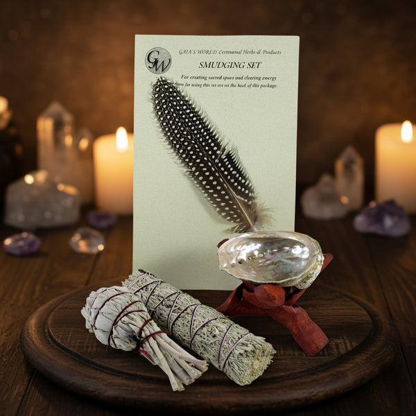 Desert and White Sage smudging set with feather, abalone shell, and wooden stand