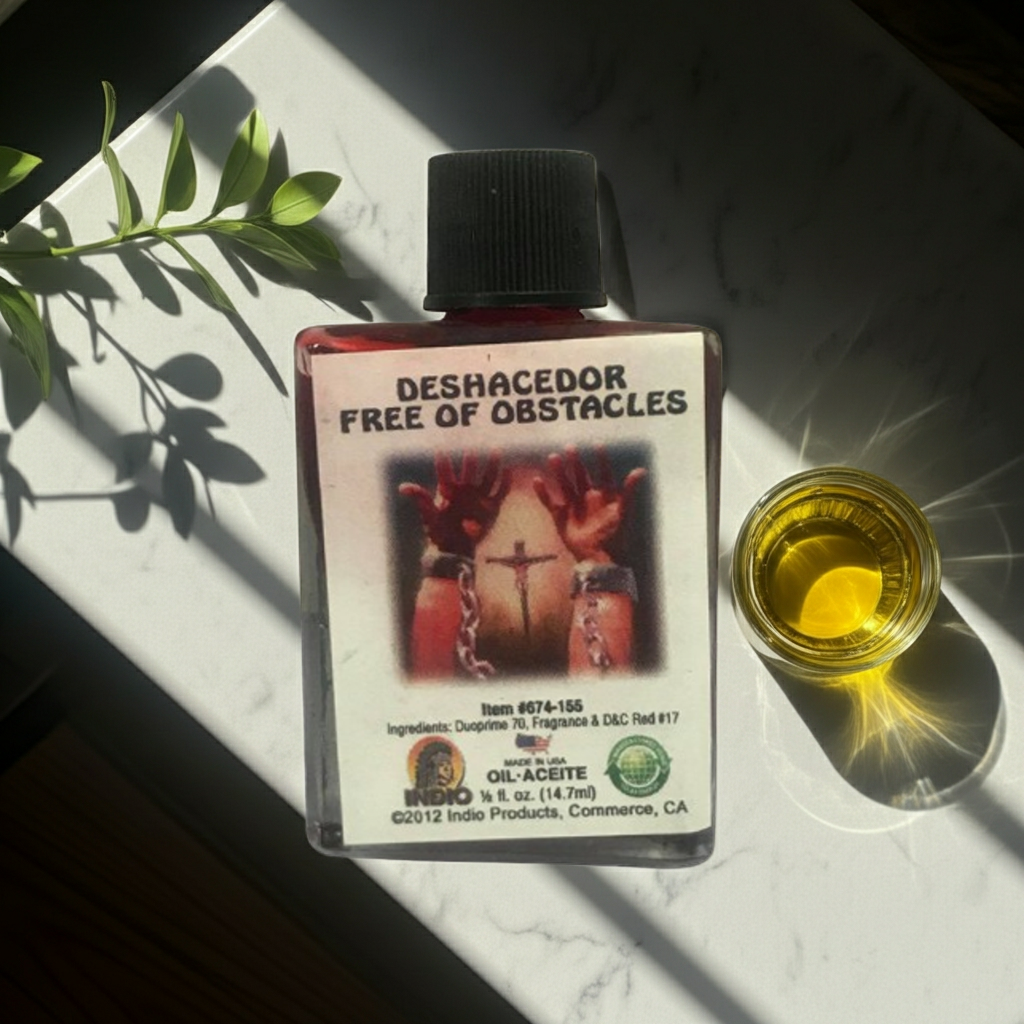 Deshacedoor Free of Obstacles Wish Oil bottle for candle dressing, blessing work, and spiritual obstacle clearing.