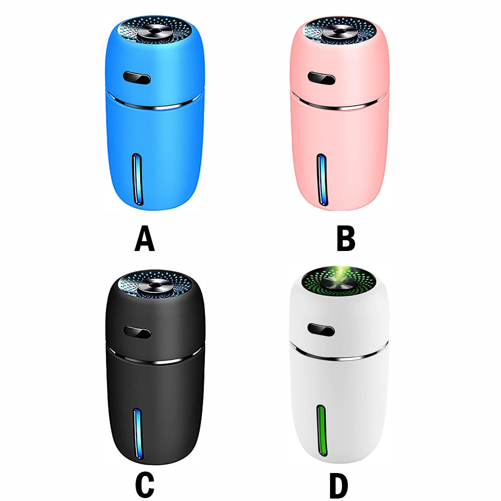 Desktop USB mini air humidifier diffuser with LED colors for workspace humidity, gentle mist output, and calming visual ambiance.