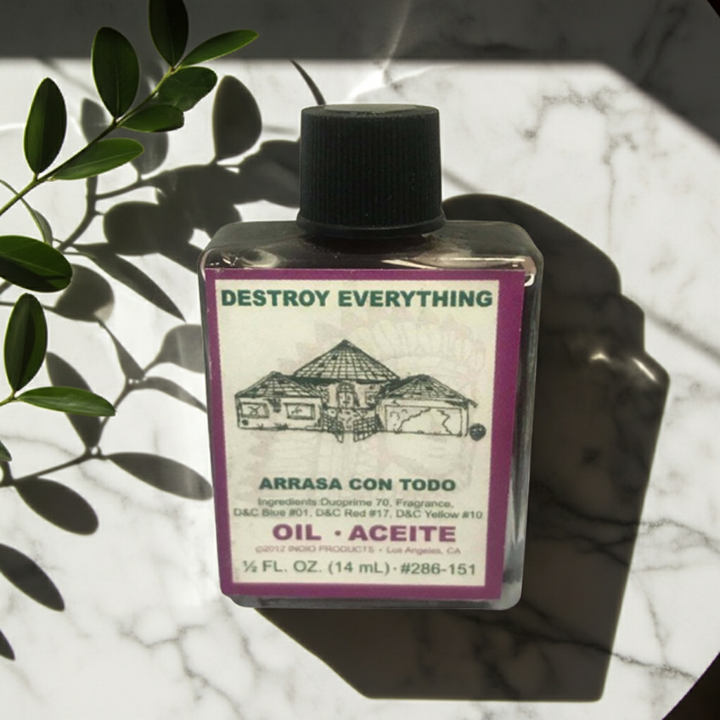 Destroy Everything Wish Oil dressing oil bottle for candle anointing, ritual preparation, and focused spiritual use.