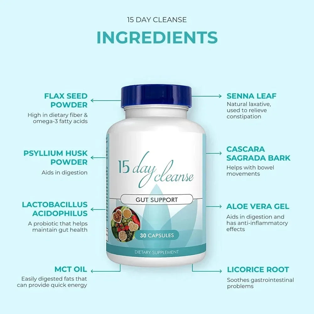 Refresh capsules bottle for intestinal cleansing, digestive health support, and 15-day cleansing use.