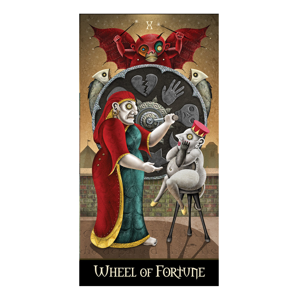 Deviant Moon Tarot Borderless Edition card example, moon-faced figure