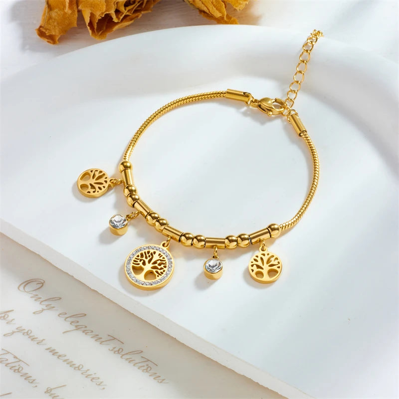 DIEYURO zircon tree charm bracelet in stainless steel for women’s fashion wear, stacking, and gift giving.