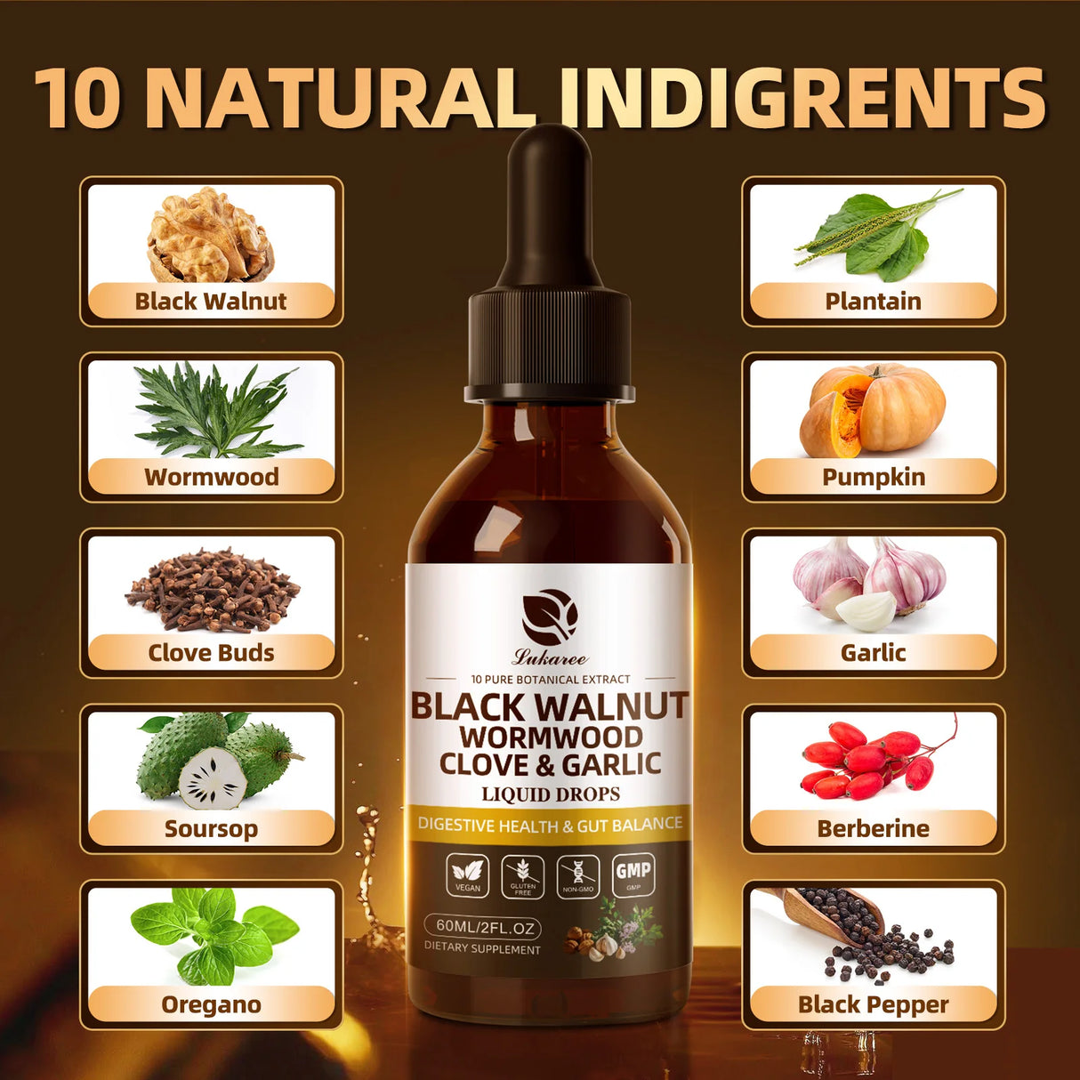 Digestive Support Black Walnut Wormwood liquid drops bottle for digestive health, herbal supplementation, and routine wellness care.