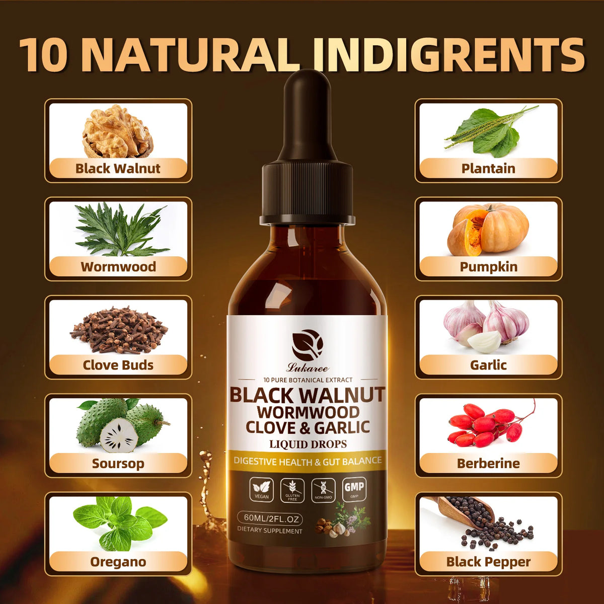Digestive Support Black Walnut Wormwood liquid drops bottle for digestive health, herbal supplementation, and routine wellness care.