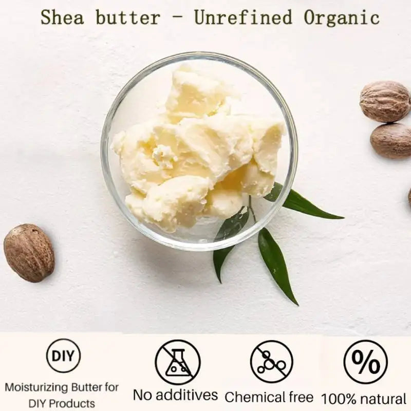 Dimollaure Organic Unrefined Shea Butter in glass bowl with shea nuts and leaves showing natural sourcing.