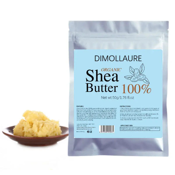 Dimollaure Unrefined Shea Butter 50g packaging with small bowl of butter on white background.