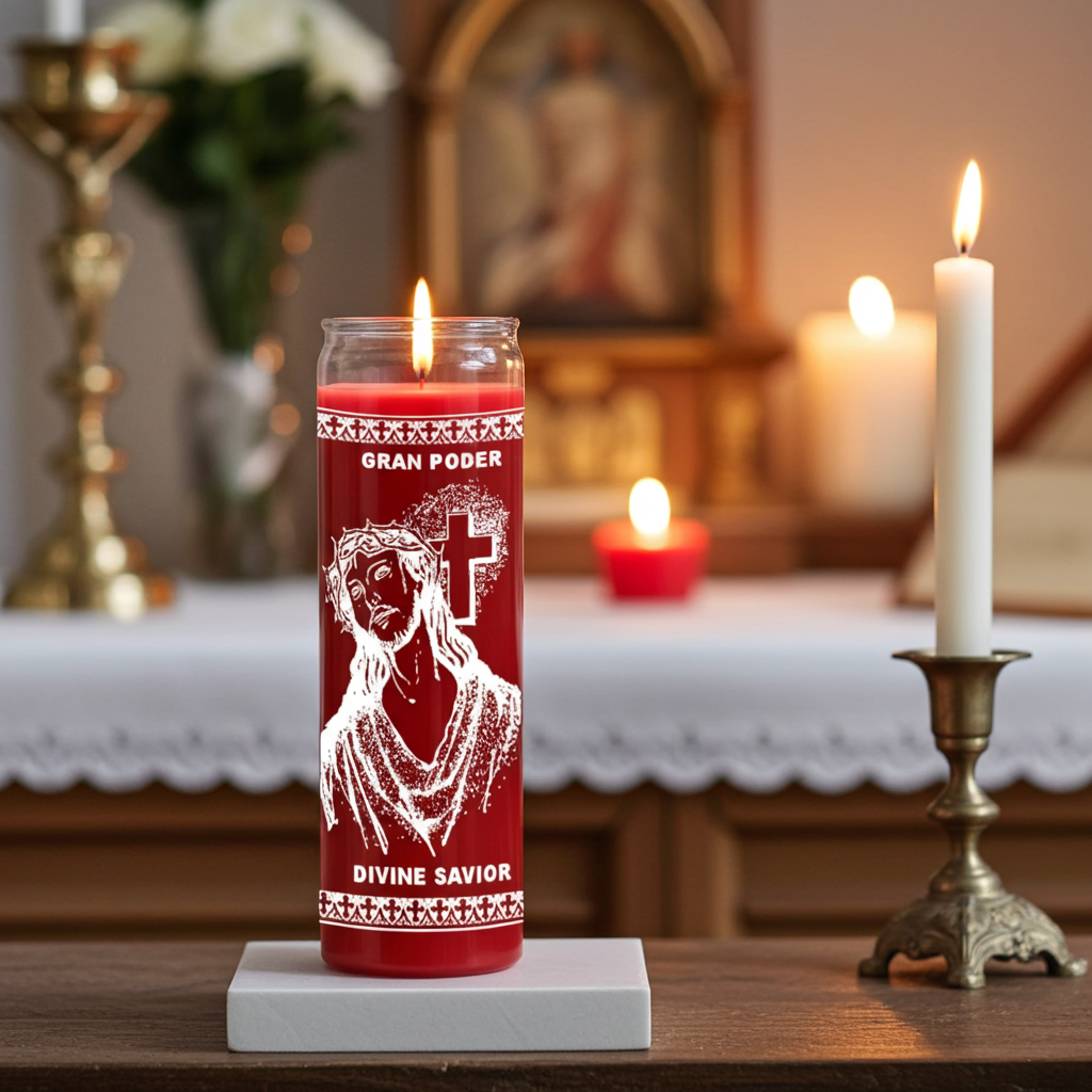 Divine Savior 7 day red prayer candle in glass container for petitions, faith-based rituals, and daily spiritual use.