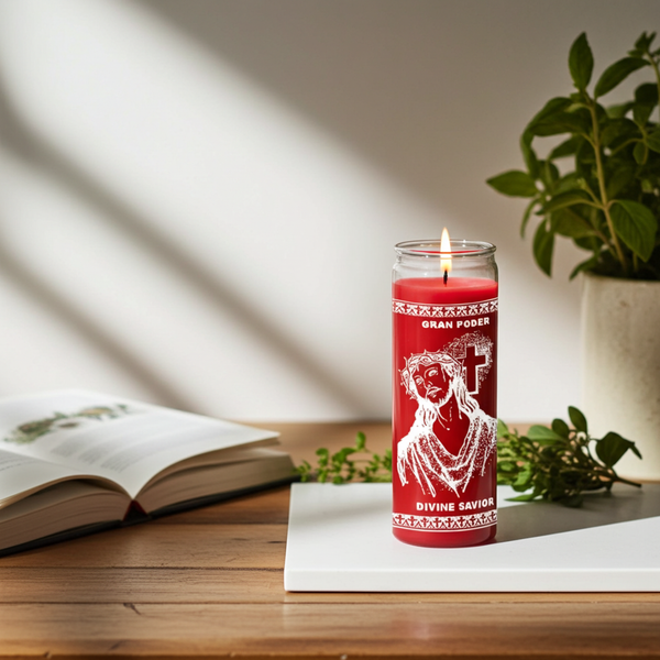 Divine Savior red 7 day candle in glass jar for prayer, devotional use, and spiritual altar practice.
