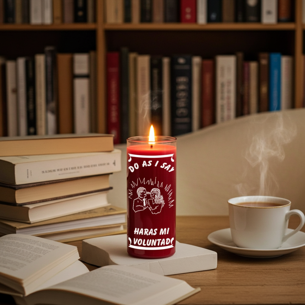 Do as I say red glass jar candle for altar work, manifestation rituals, and devotional candle use.
