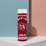 Do as I say red prayer candle in tall glass container for spiritual rituals, prayer work, and intention setting.