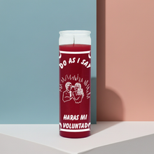 Do as I say red prayer candle in tall glass container for spiritual rituals, prayer work, and intention setting.