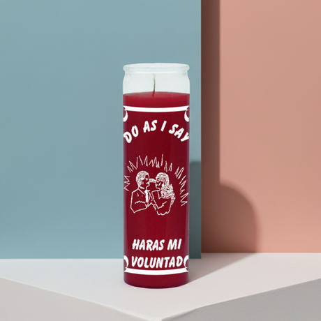 Do as I say red prayer candle in tall glass container for spiritual rituals, prayer work, and intention setting.