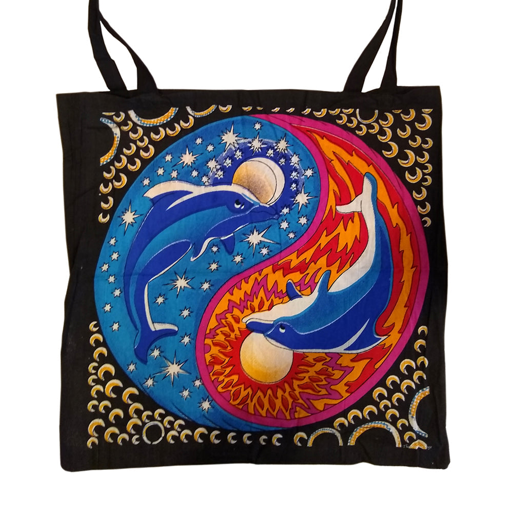 Dolphin within yin yang design cotton tote bag, back view
