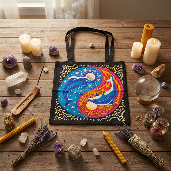 Dolphin within yin yang design cotton tote bag, front view