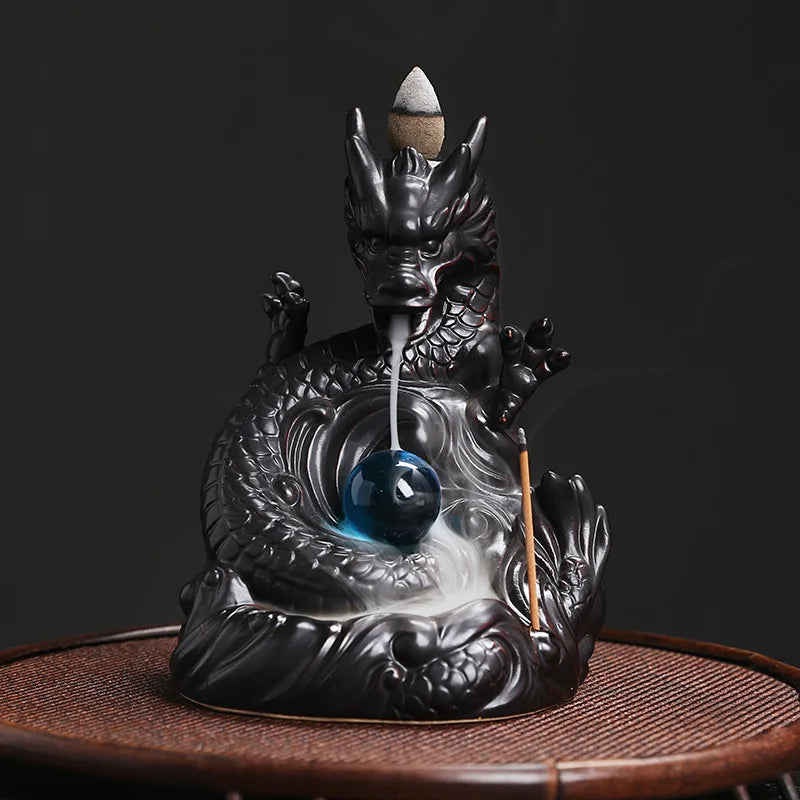 Dragon Backflow Ceramic Incense Burner waterfall-style incense holder for cascading smoke effect, mindfulness, and decorative display.