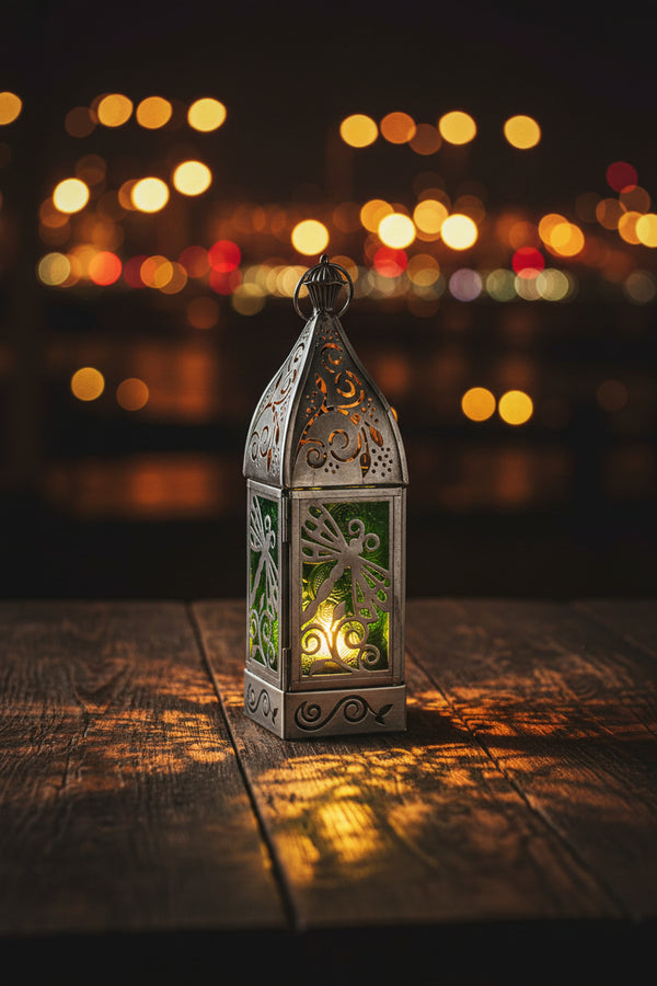 Dragonfly Glass and Metal Lantern, antique pewter finish