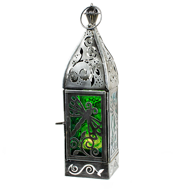 Dragonfly Glass and Metal Lantern, antique pewter finish