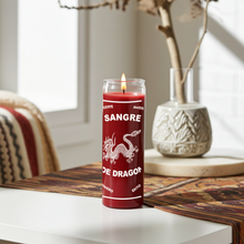 Dragons Blood red 7 day candle in glass jar for spiritual protection, cleansing, and ritual use.