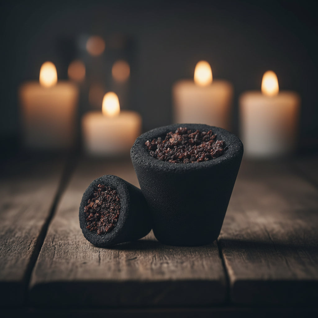Dragon's Blood smudge cup burning on metal stand
