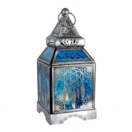Dreamcatcher Glass and Metal Lantern, turquoise panels, 8.5 by 8.5 inches