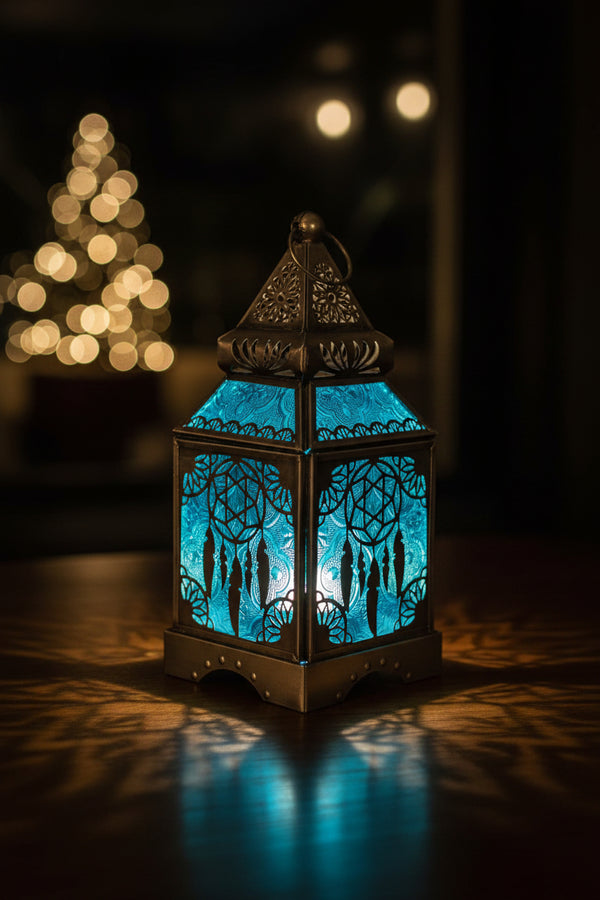 Dreamcatcher Glass and Metal Lantern, turquoise panels, 8.5 by 8.5 inches