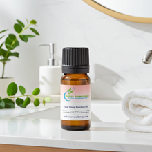 Ylang ylang essential oil bottle for sensual romantic aromatherapy, stress relief blending, and emotional uplift.