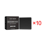 East Moon Niacinamide Whitening Acne-Fading Soap black bar and packaging with East Moon branding.
