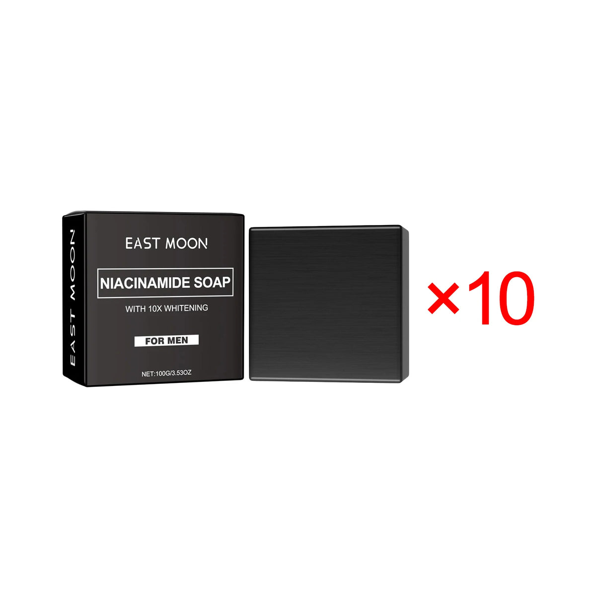 East Moon Niacinamide Whitening Acne-Fading Soap black bar and packaging with East Moon branding.
