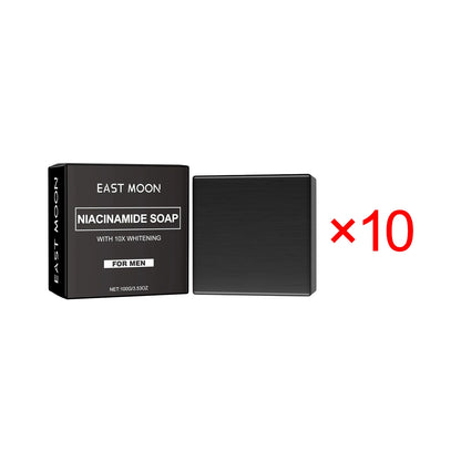 East Moon Niacinamide Whitening Acne-Fading Soap black bar and packaging with East Moon branding.