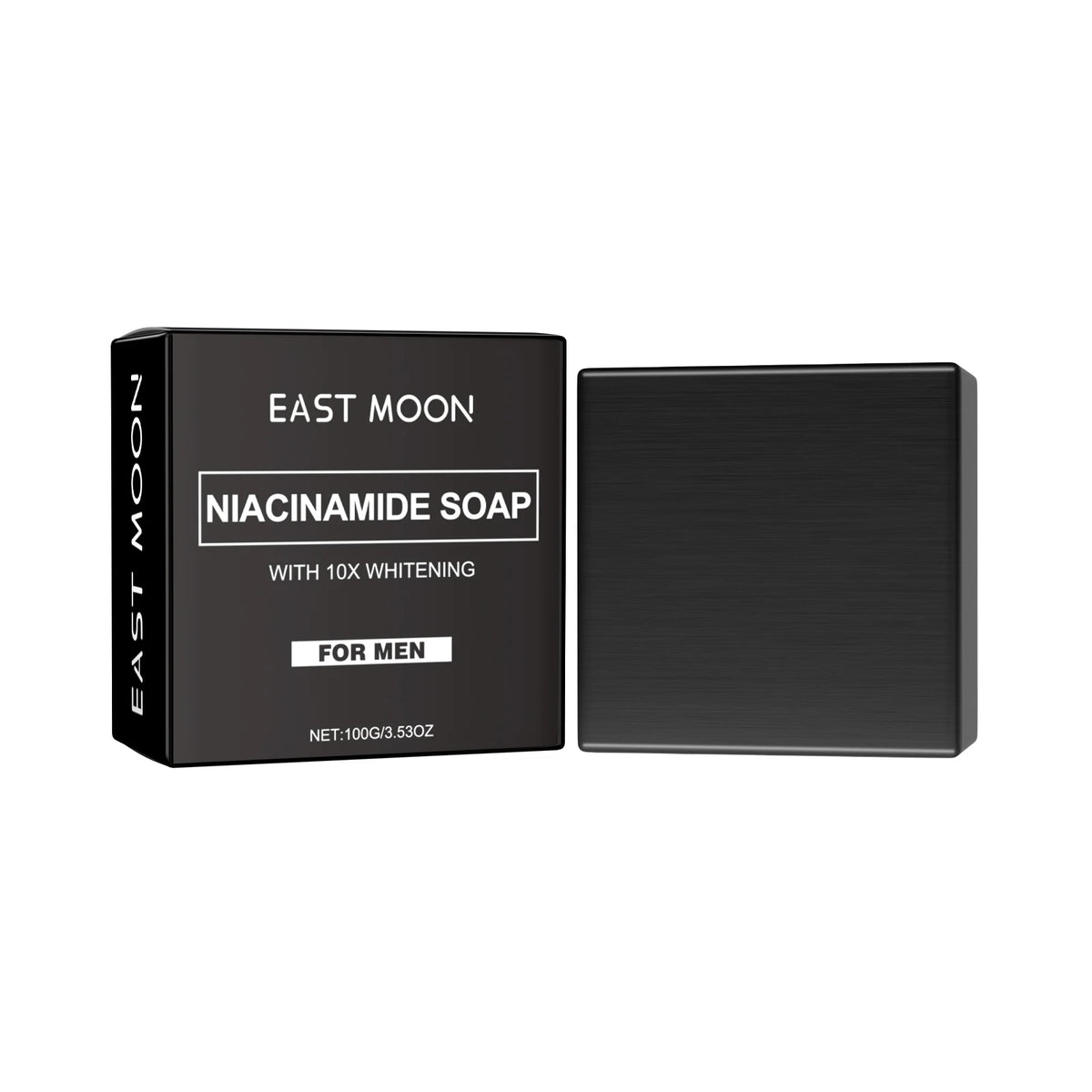 East Moon Niacinamide Whitening Acne-Fading Soap black bar with packaging on white background.