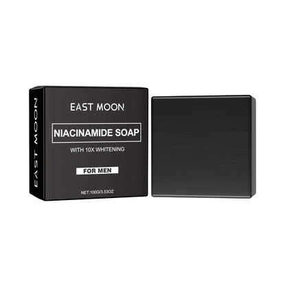 East Moon Niacinamide Whitening Acne-Fading Soap bar display with packaging on white background.