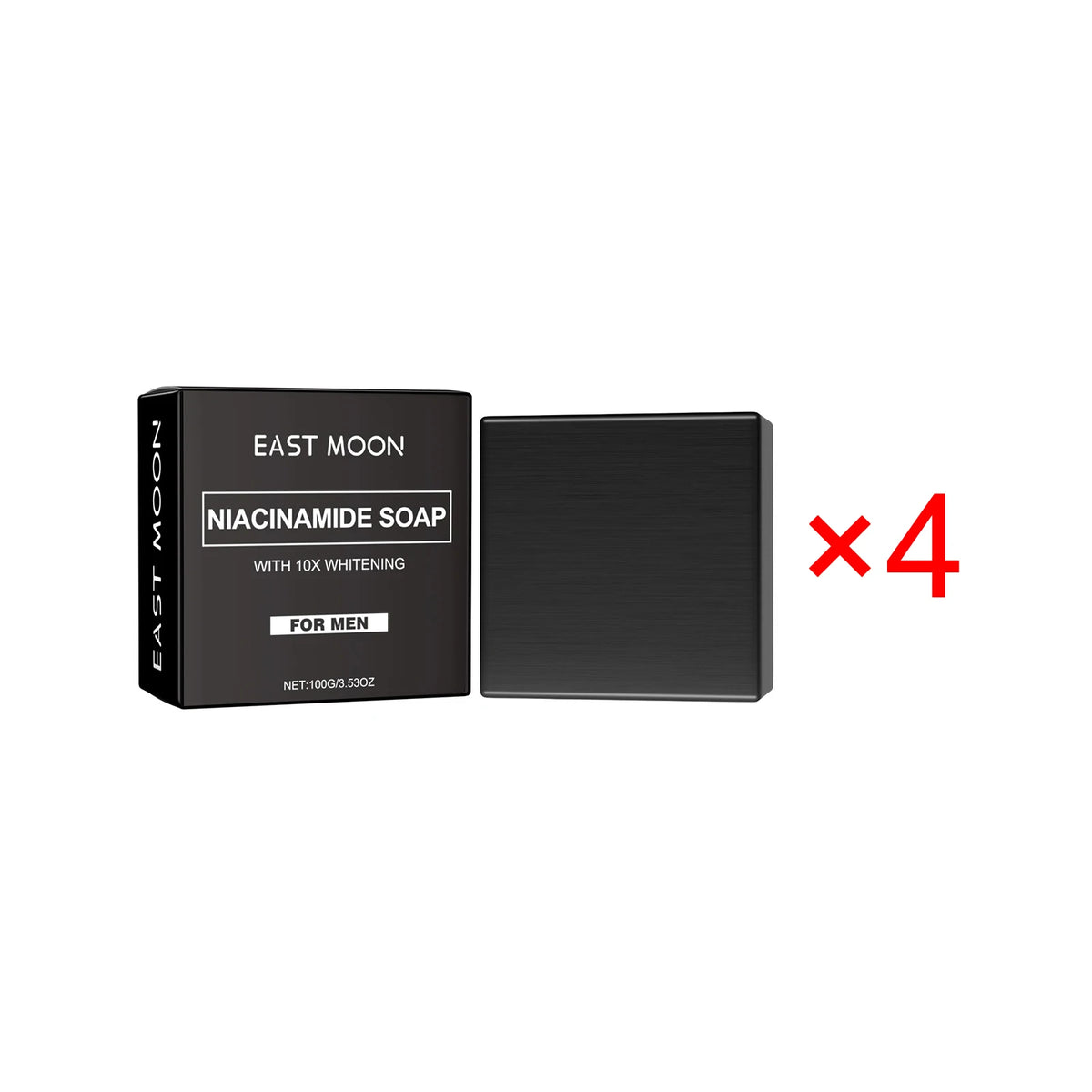 East Moon Niacinamide Whitening Acne-Fading Soap black bar with packaging on white background side.