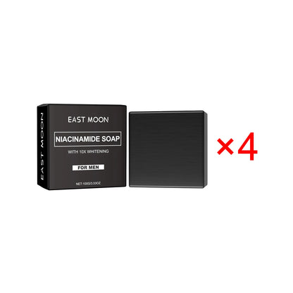 East Moon Niacinamide Whitening Acne-Fading Soap black bar with packaging on white background side.