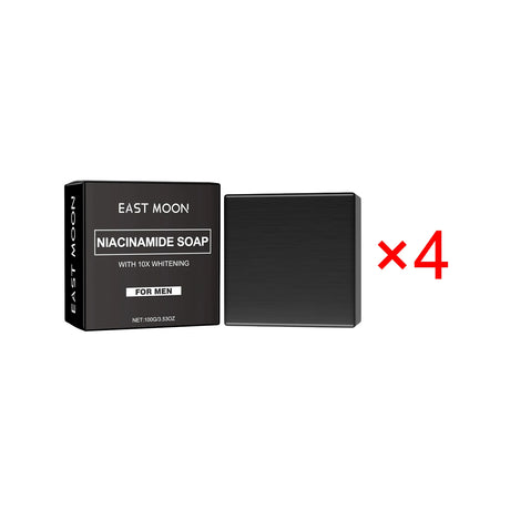 East Moon Niacinamide Whitening Acne-Fading Soap black bar with packaging on white background side.