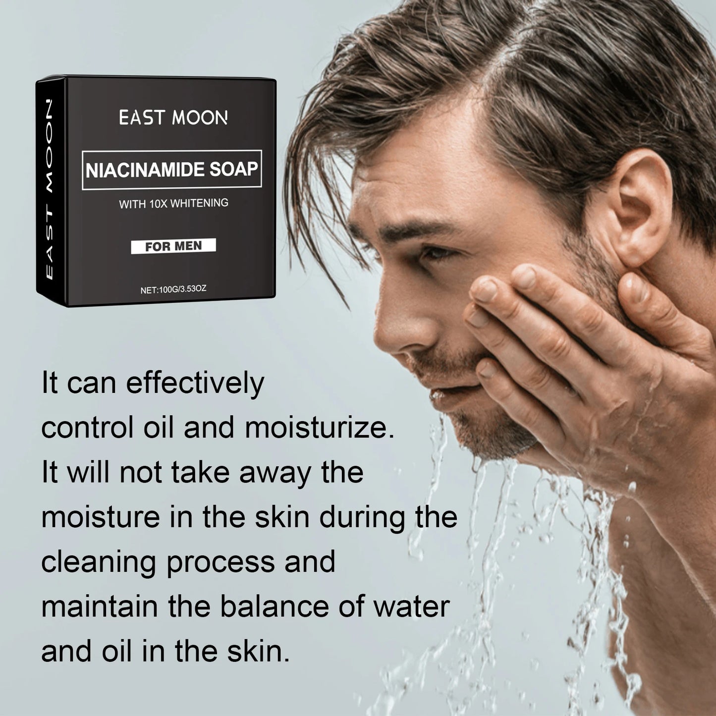 East Moon Niacinamide Whitening Acne-Fading Soap man washing face with box on gray background.