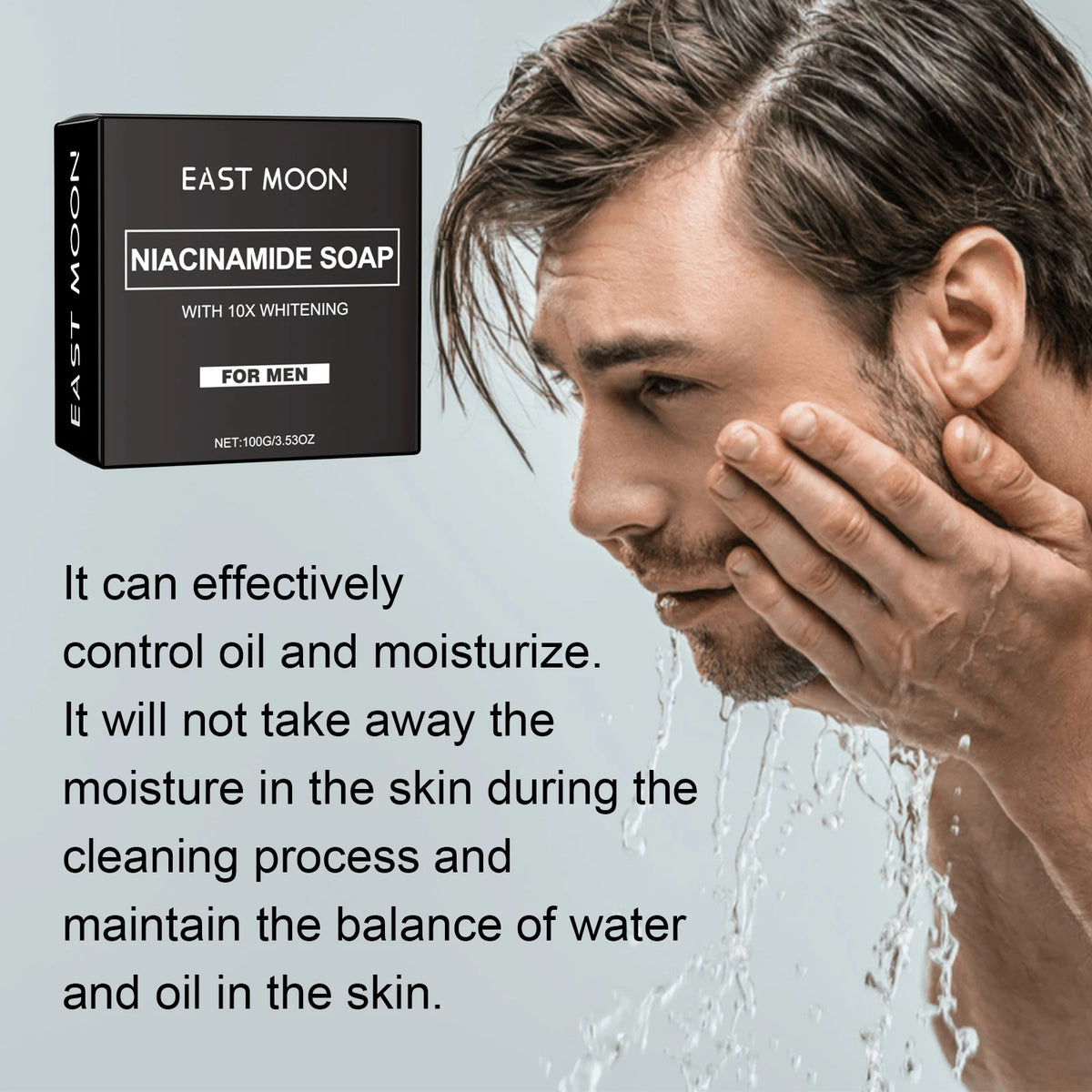 East Moon Niacinamide Whitening Acne-Fading Soap man washing face with box on gray background.