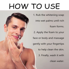 East Moon Niacinamide Whitening Acne-Fading Soap usage instructions with man applying to face.