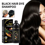 EELHOE 3-in-1 Herbal Hair Dye Shampoo in black shade — packaging, bottle, and woman with black hair.