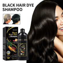 EELHOE 3-in-1 Herbal Hair Dye Shampoo in black shade — packaging, bottle, and woman with black hair.