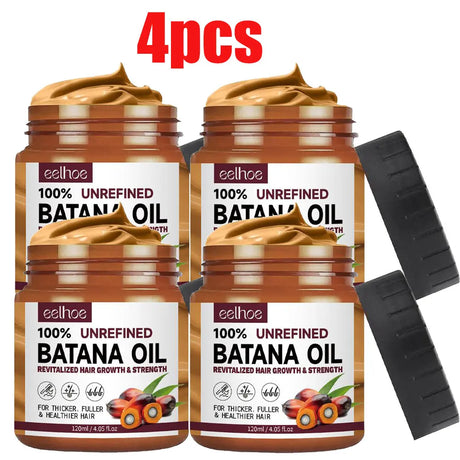 Eelhoe 100% Unrefined Batana Oil Hair Growth Mask set of four jars with black applicators on white background.