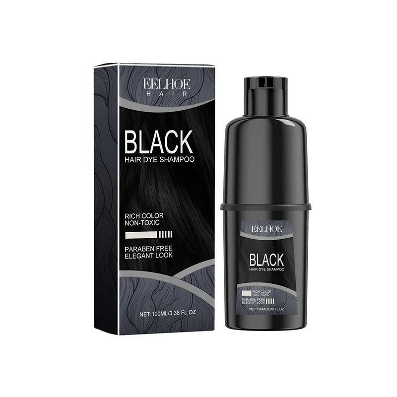 Eelhoe Black Hair Dye Shampoo bottle and packaging on white background.