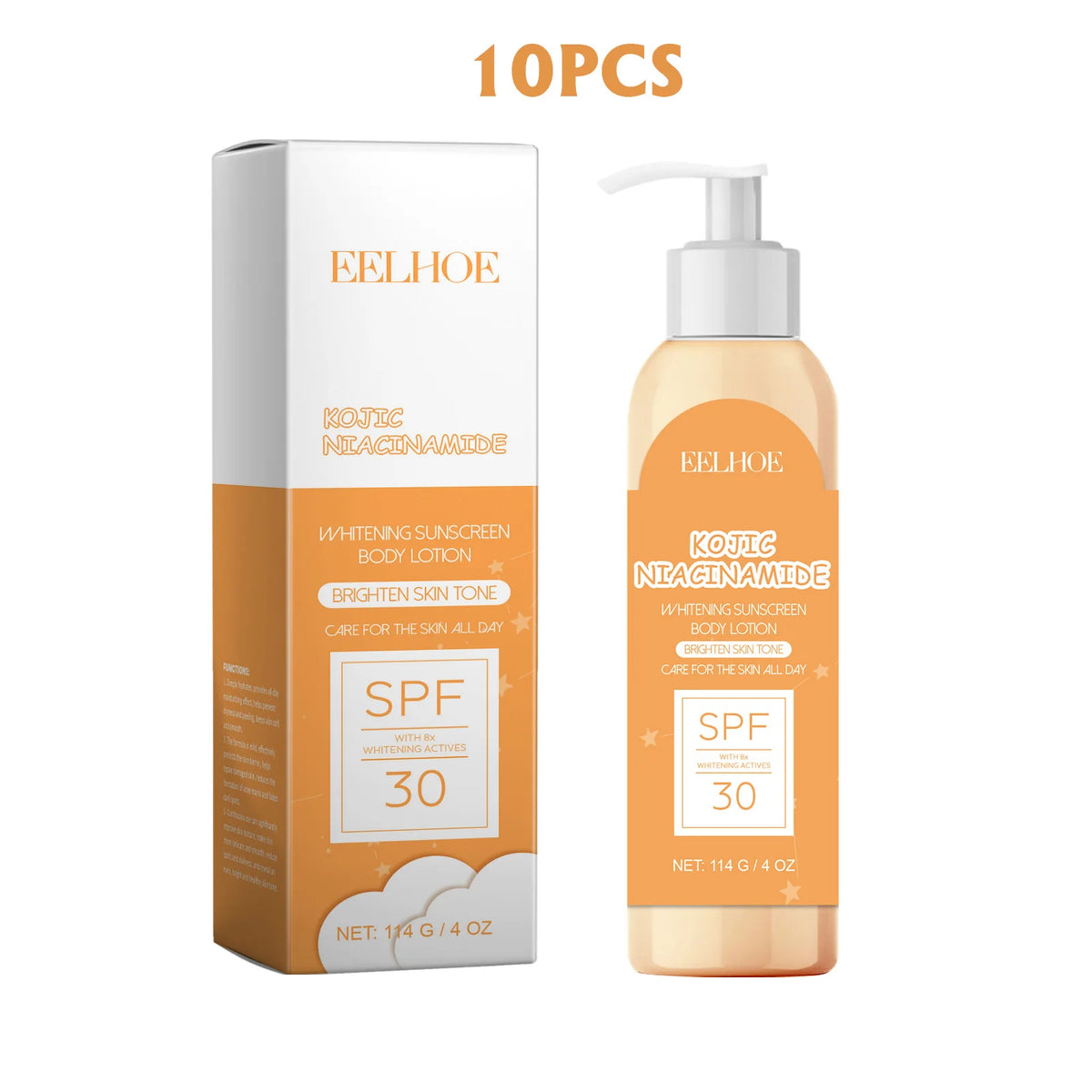 EELHOE Brightening & UV Protective Body Lotion formula overview with product packaging on white background.
